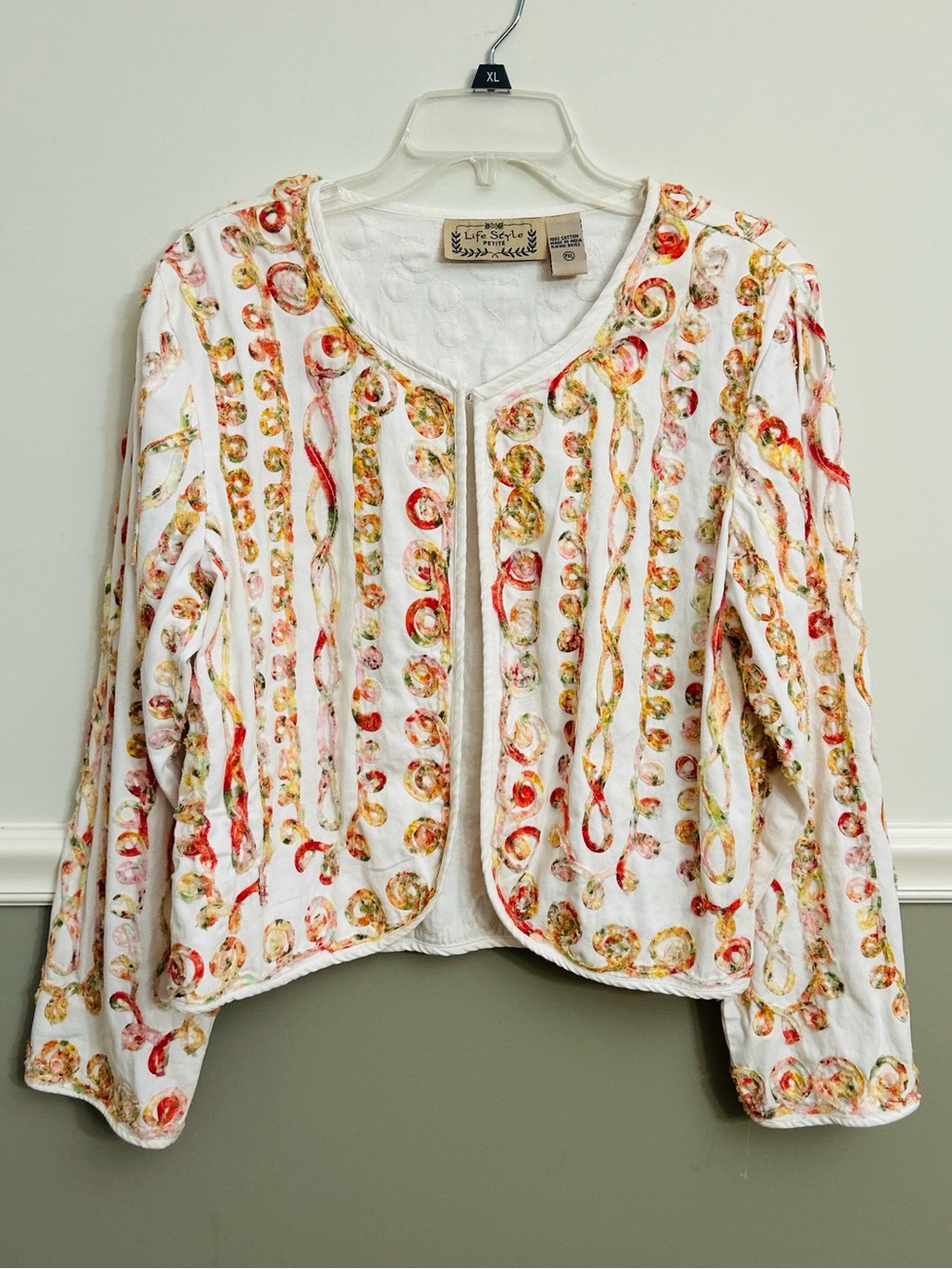 Life Style Petite White Cotton Embroidered Ribbon Textured Open Front Jacket XL